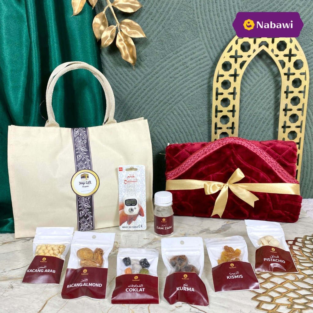

Hampers Khadijah Souvenir Oleh Oleh Haji Umroh Kacang Arab Fustuk Kismis Kurma Air Zam-zam Sajadah