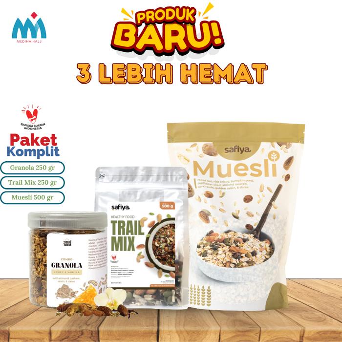 

[Paket Komplit Sehat] Muesli Safiya 500gr + Trail Mix Safiya 250gr + Granola 250gr - Mix + G.Vanila , Muesli 500 gr