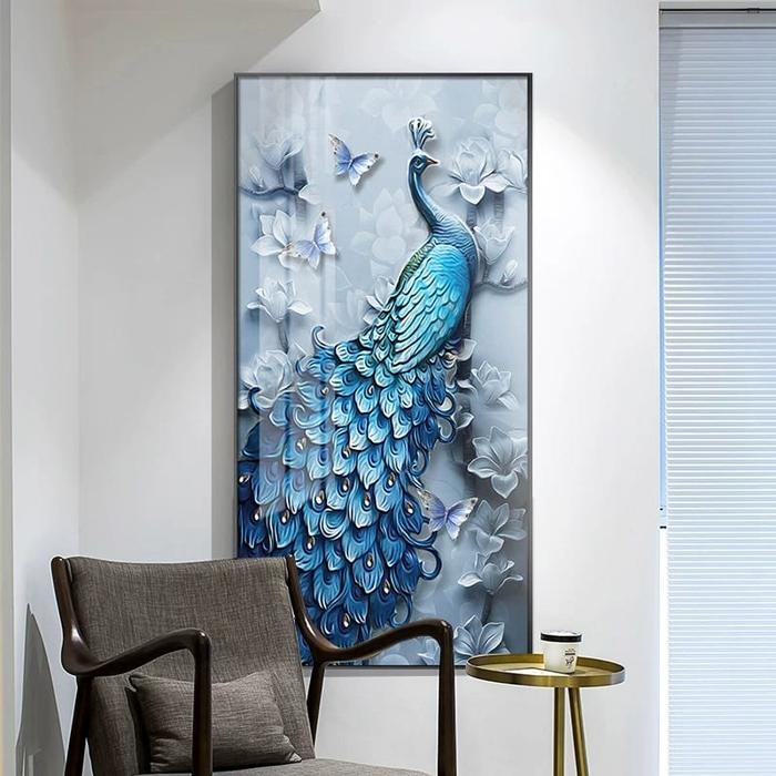 Lukisan Porcelain Burung Merak Biru Mewah Diamond