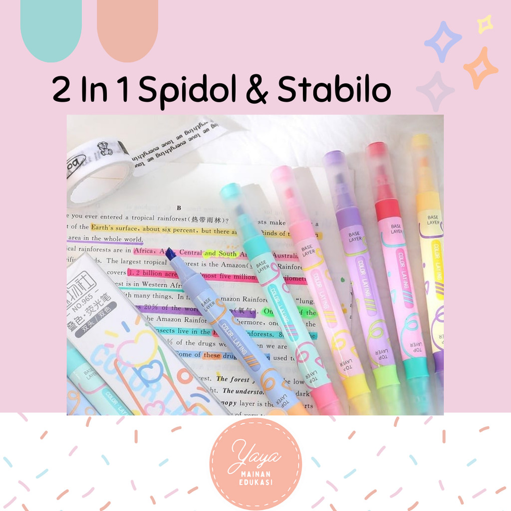 

[Isi 6] Spidol Highlighter 2-in-1 Warna Pastel Lucu | Dual Tip Dual Color