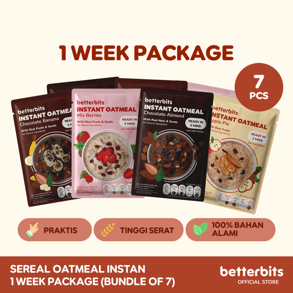 

Paket 7 Hari (A Week Package) - Oatmeal Instan 7x45g | Sarapan Sehat & Praktis | Whole Grain Sereal Sachet Rendah Kalori | Paket Hemat