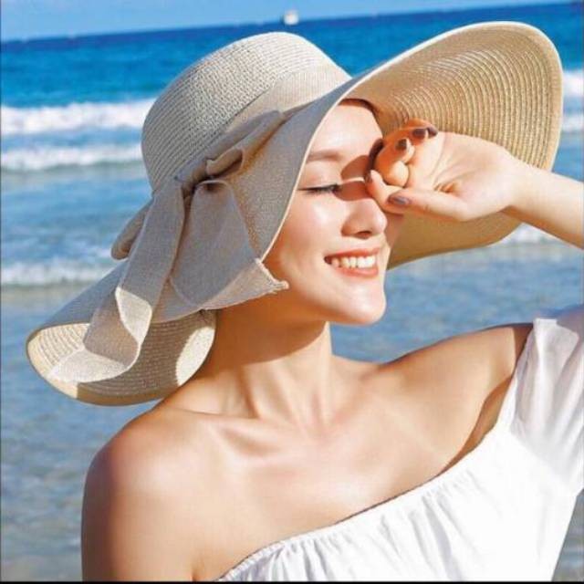 Topi Pantai Papper Pita Lebar Import Summerhat Pita//COD