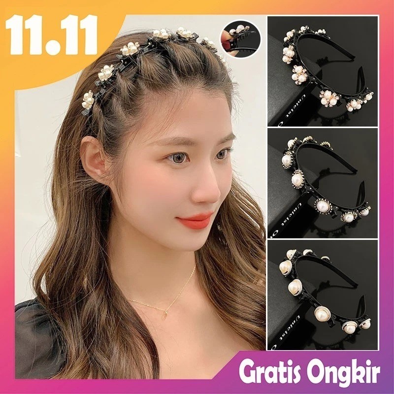 2in1 Bando include Jepit Rambut Fashion Korea Pola Mutiara Wanita Dewasa