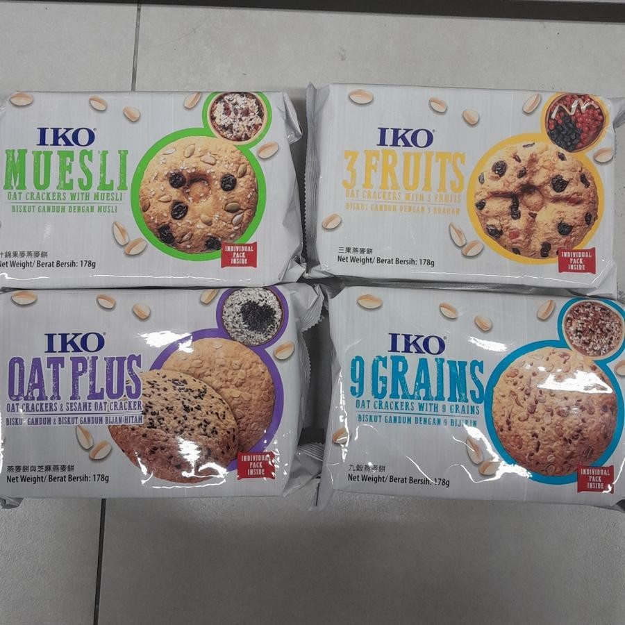 

Iko Oat Crackers Biskuit Rasa OAT PLUS / 9 GRAINS / MUESLI / 3 FRUITS 178gr