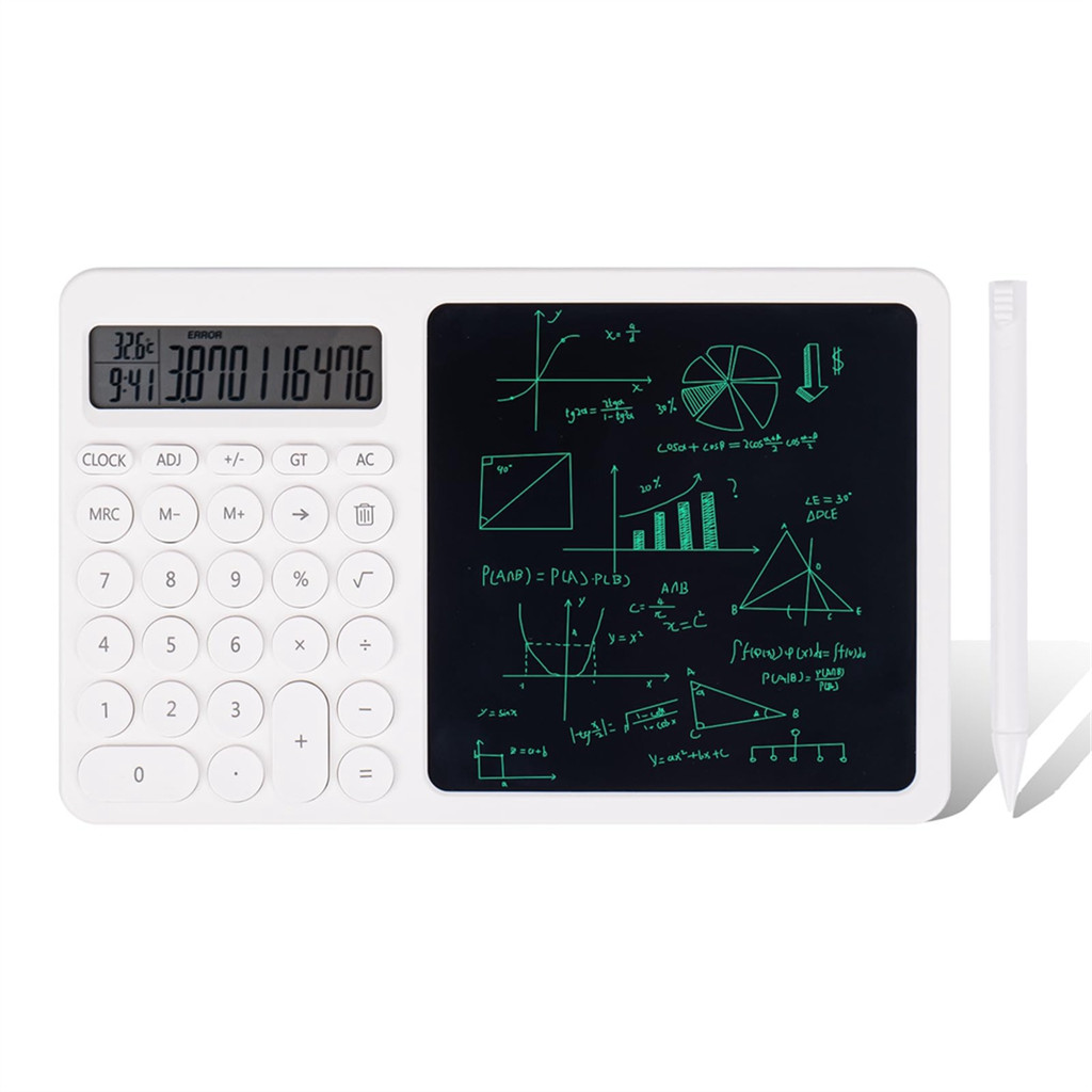 

Calculator with LCD Writing Tablet, 2-In-1 Desktop Standing Calculator with Electronic Calendar Time
