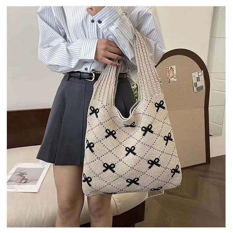 Knitted Cute Ribbon Tote Bag / Tote Bag Rajut Fhasion Wanita Motif Pita / Totebag Rajut Simple Jumbo