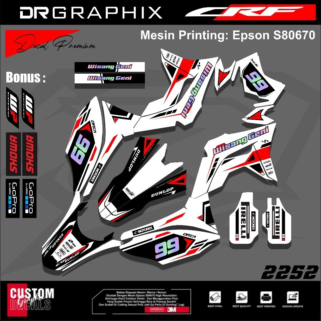 Stiker KOMBINASI HOLOGRAM GLOSSY Decal Crf Full Body Variasi Putih Merah free Ganti Nomor ganti nama