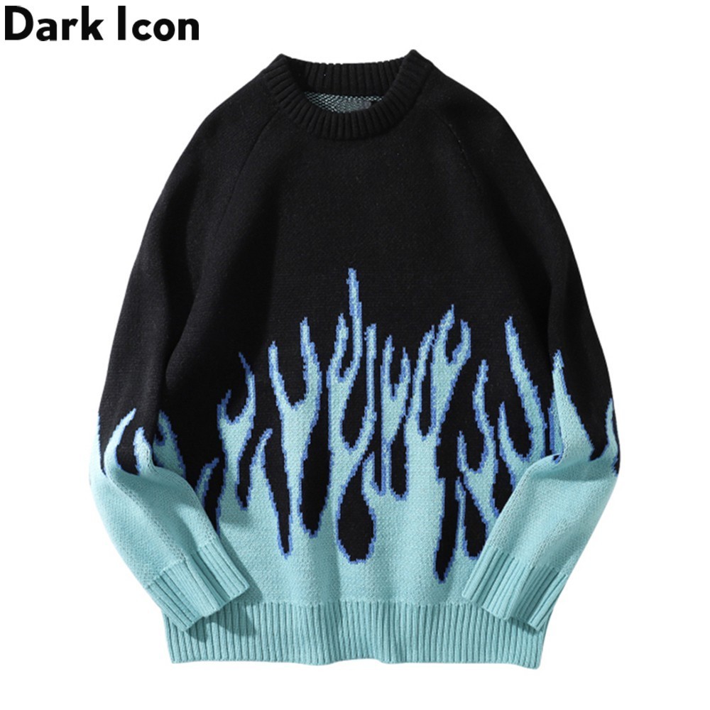 Dark Icon Sweater Korean Style Pria Switer Crewneck Pria Dewasa Blue Flame Off Shoulder Sweater Men 