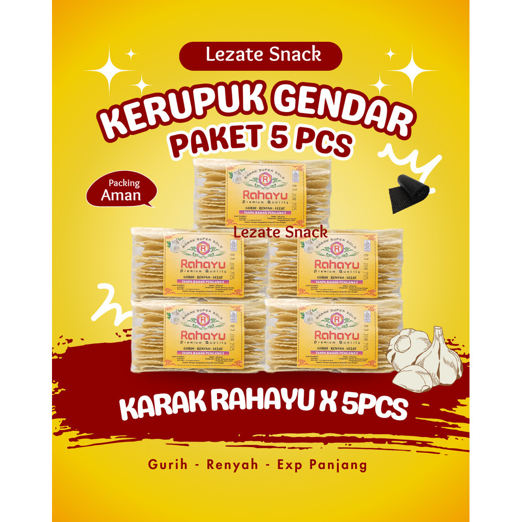 

Paket Kerupuk Gendar Rahayu Isi 5 Pack Murah Enak Renyah / Krupuk Karak Gendar Puli Mentah Rasa Bawang Karak Valentin Valentine LEZATE SNACK