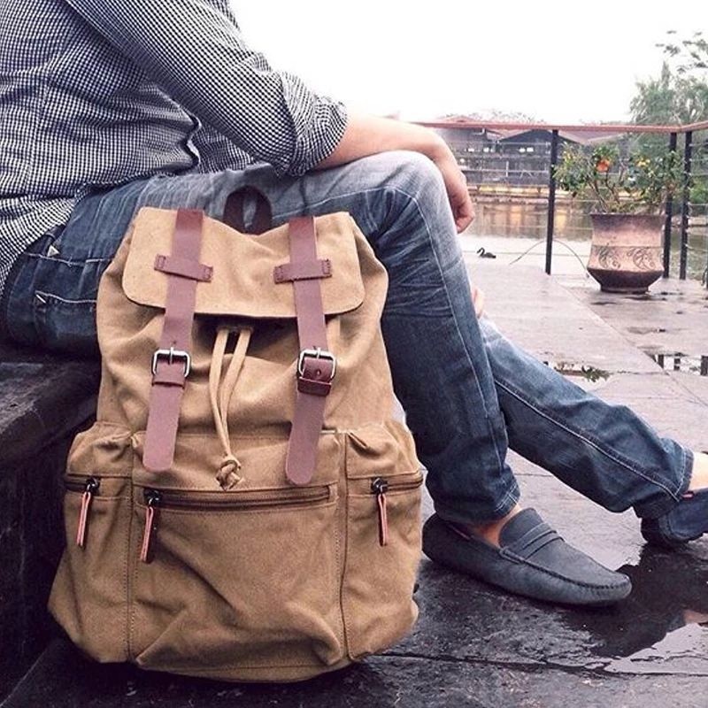 Tas Ransel Kanvas Klasik Pria Backpack vintage Pria plus Rain Cover