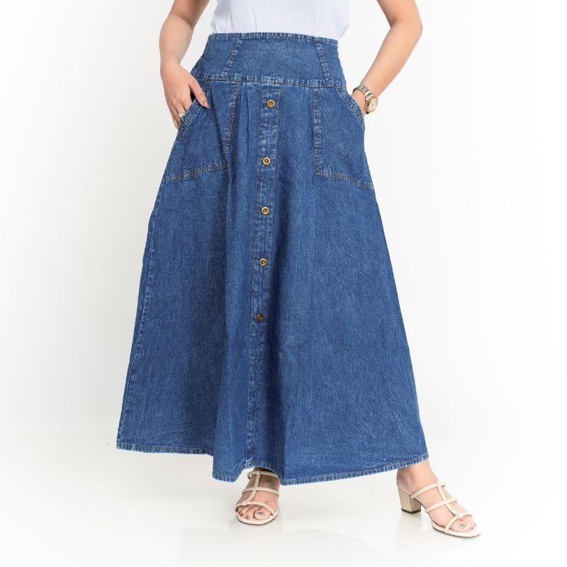 Nassacash - Rok Payung Jeans Premium Biru Snow Model Kancing Tengah Original Nassacash Kode 4420