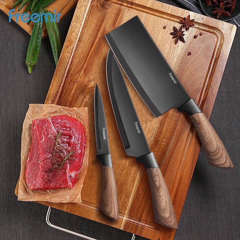 BM11L Pisau Premium Set 3 Pcs Pisau Daging Pisau Dapur Pisau Buah Hitam Gagang Kayu Sintetis Tajam S