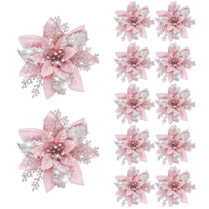 

5pcs 14.5cm Glitter Artifical Christmas Flowers Mreey Christmas Tree Decoration Happy New Year Ornaments Xmas Fake Flowers natal
