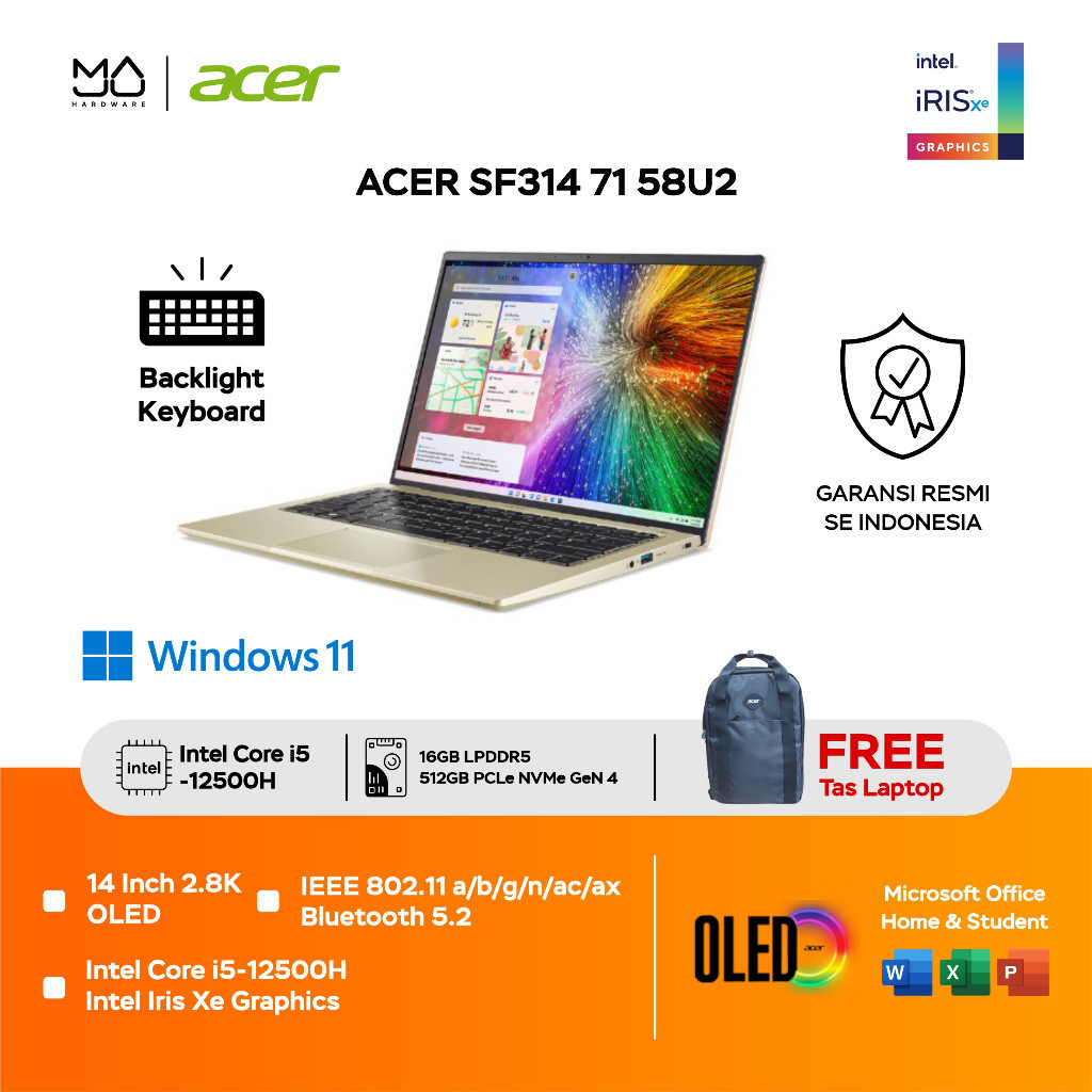 Laptop ACER Swift 3 OLED SF314 71 58U2 Core i5 12500H Garansi Resmi