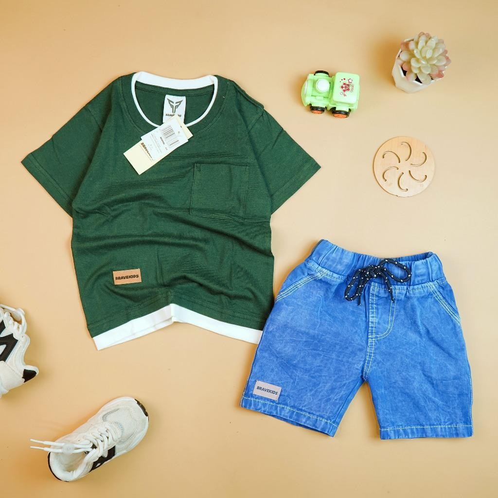 BRAVEKIDS - SETELAN KAOS POCKET TWO LAYER HIJAU BOTOL POLOS ANAK COTTON COMBED 24S CELANA DENIM