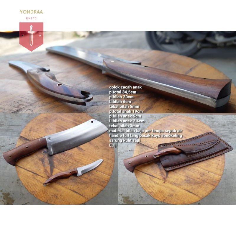 MAL 0010 Choper Cacah Tulang + Psau Ssit 1 set, Per Stell Sarung Kulit ( Medium Knife )