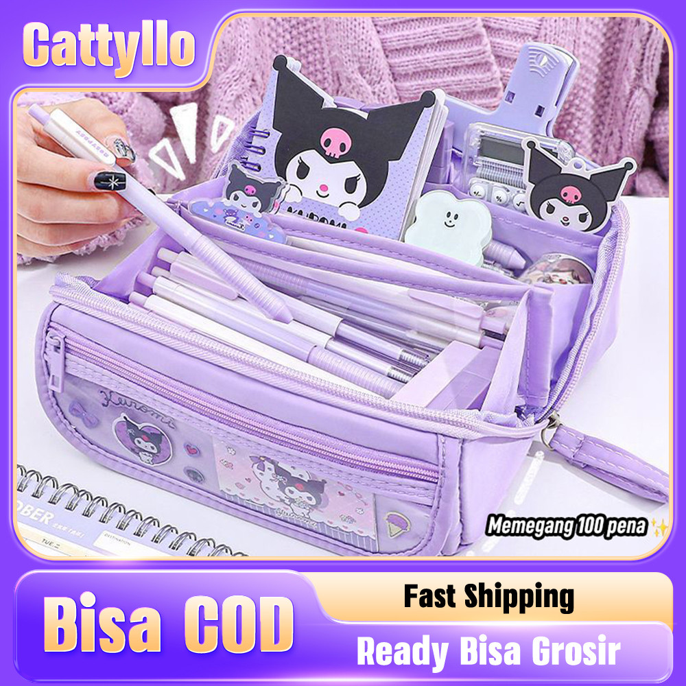 

Kotak Pensil Lucu Sanrio Kuromi Tas alat tulis lipat Tempat Pensil Besar untuk Anak-anak