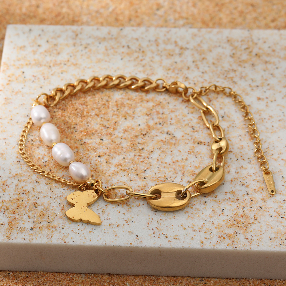 

Fashion Butterfly Natural Freshwater Pearl Waterproof and Fade Resistant 18K Real Gold Plated Stainless Steel Bracelet for Women