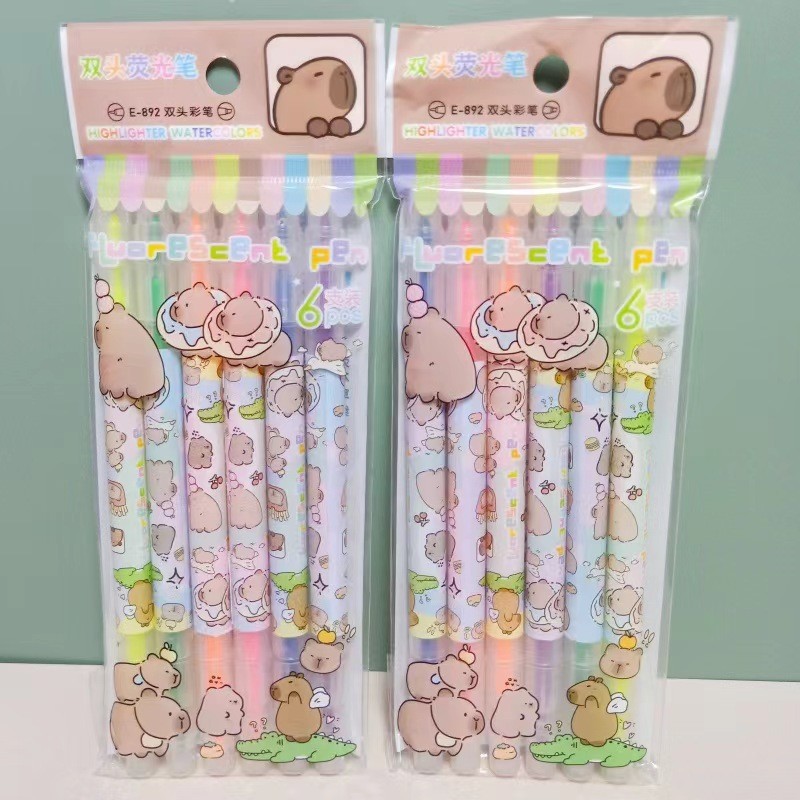 

6-color Capybara Cartoon Double headed fluorescent pen oily student note marking hand account marker set Stationery supplies