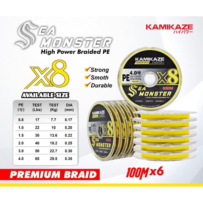 SENAR PE KAMIKAZE SEA MONSTER X8 100M |Connecting 6 Braid Line Pancing - Kuning, PE 1.5 / 30LB