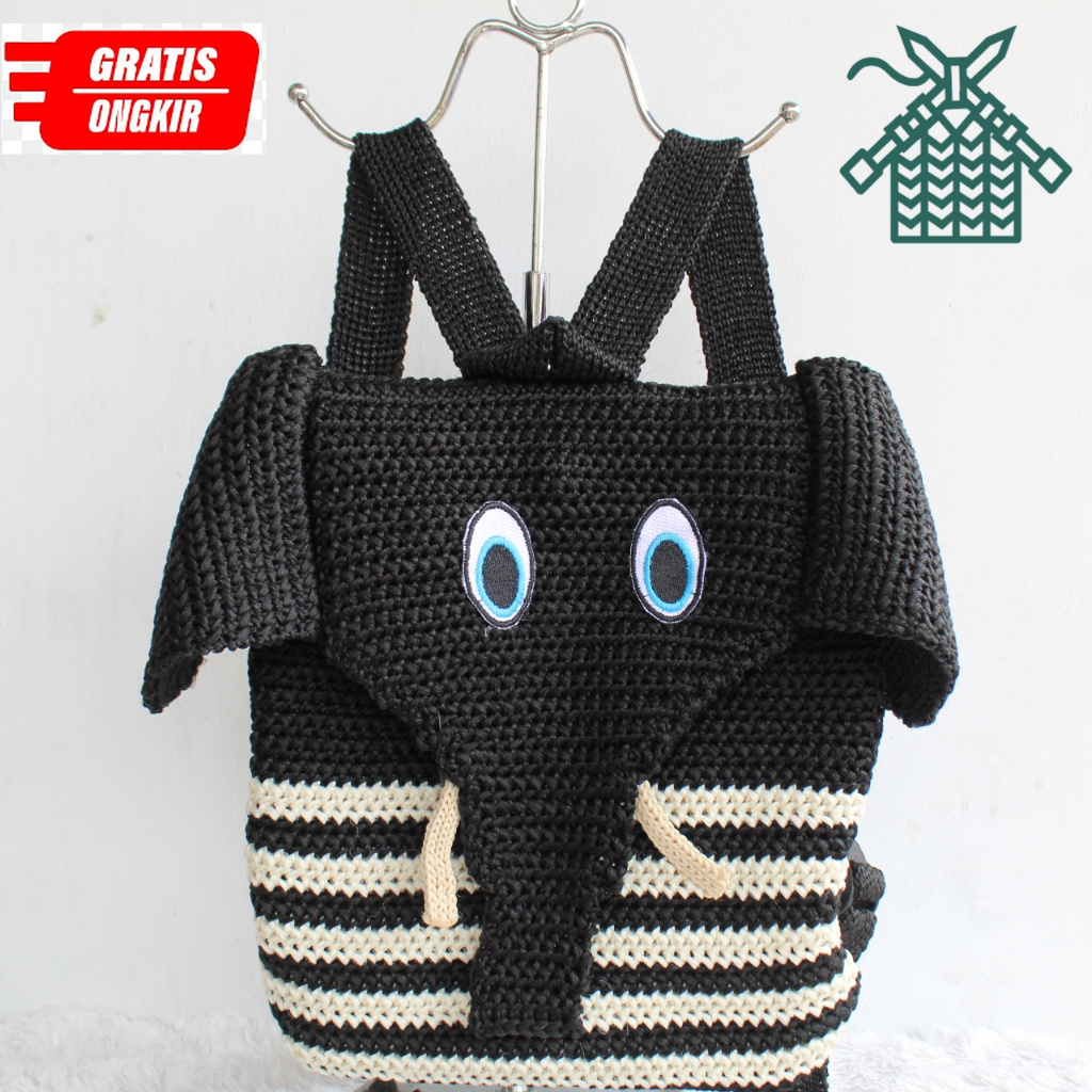 Tas gendong rajut karakter gajah TERBARU / ransel anak rajut murah / tas punggung rajutan anak laki 