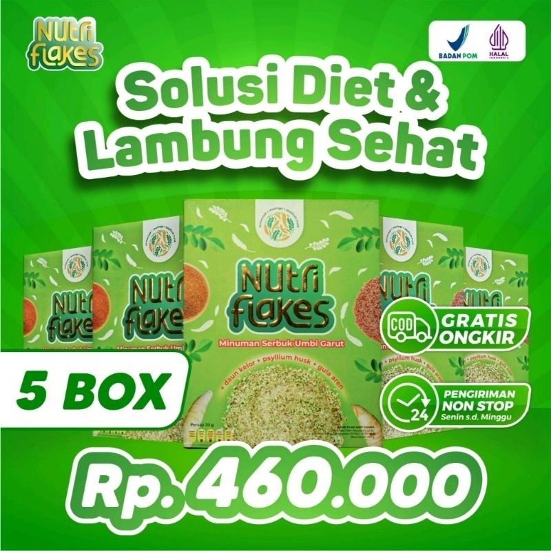 

Nutriflakes 5 Box Sereal Diet Umbi Garut dan Daun Kelor Atasi Asam Lambung Gerd Radang Lambung 200gr