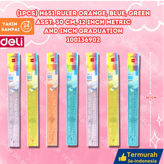 

penggaris deli 30cm (1PCS) H651 Ruler Orange, blue, green asst. 30 cm, 12 inch Metric and inch graduation
