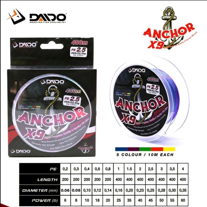 TERLARIS  SENAR DAIDO ANCHOR X9 MULTI COLOR PE 0.2 SAMPAI PE 4.0 - 200M PE0.3