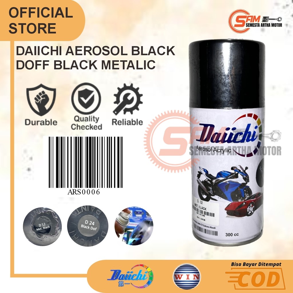 

Daiichi Cat Semprot Body Motor 300cc acrylic aerosol Black Doff Black Metallic WIN bodi kasar halus plastik besi