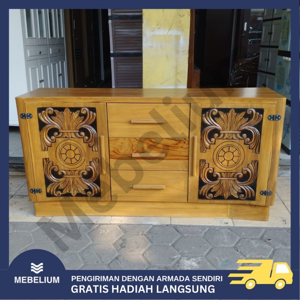 [ORI] Bufet TV Ukir Kayu Jati Jepara Asli Klasik | Diswar Meja Tv Full Jati Asli Minimalis