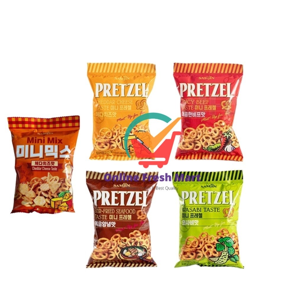 

Samjin Pretzel Snack Korea Cheddar Cheese Spicy Beef Stir Fried Seafood Wasabi Mini Mix 85g - Online Fresh Mart Denpasar