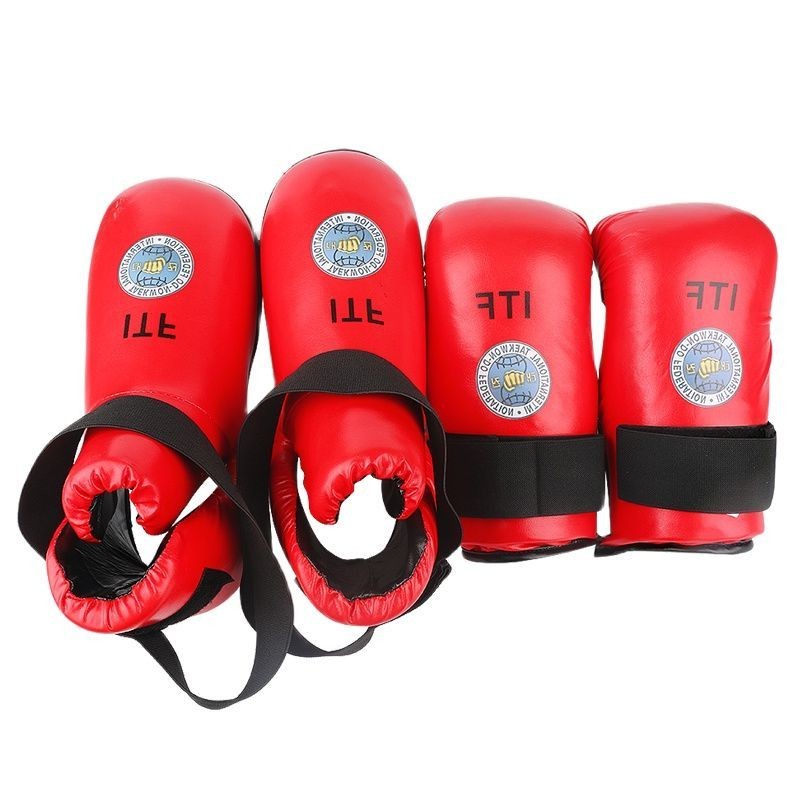 GINGPAI ITF Taekwondo Gloves High Quality Red Blue Foot Ankle Guard PU Leather Martial Arts Karate T