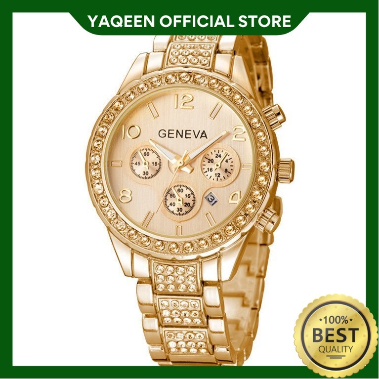 YAQEEN - JAM TANGAN RANTAI WANITA GENEVA GOLD STAINLESS PESTA JAM073G1 KECIL ORI KOREA CENTURY MURAH