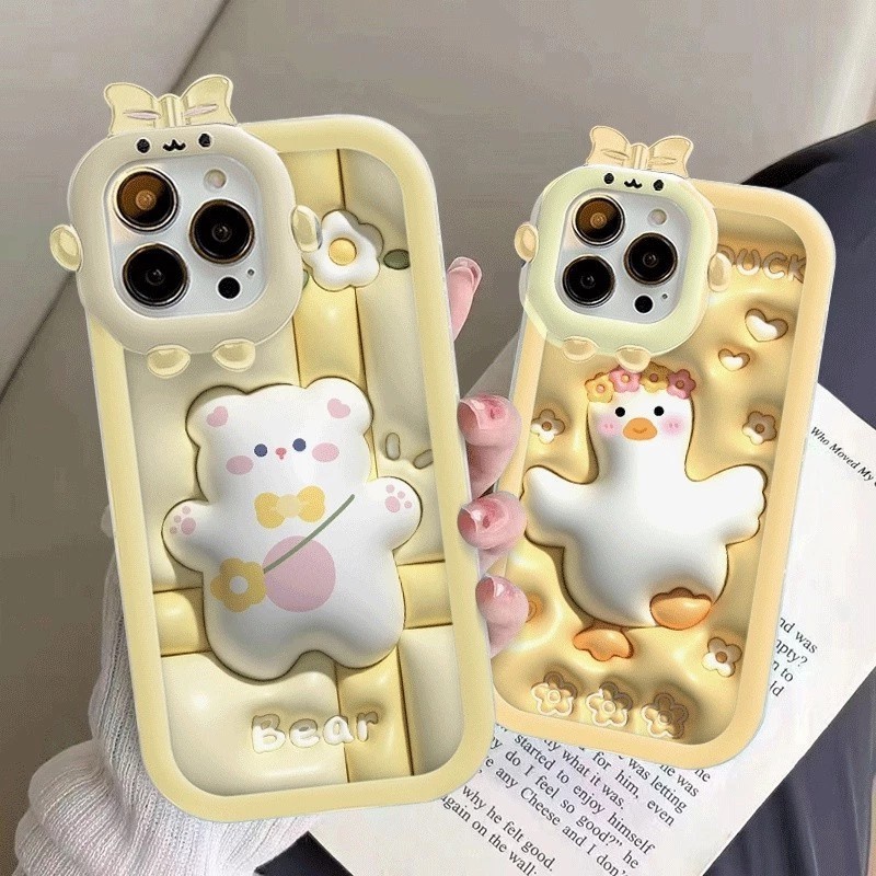 Pseudo 3D Bear and Duck little monster Kasing ponsel HP Redmi 9 9C/10A 9A 9T/ M3 10C 13C Note 9 10/ 