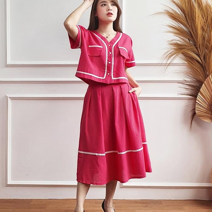 MISSOL one set wanita atasan dan rok flare korean style polos linen SET1319  presenter tv one - FUSC