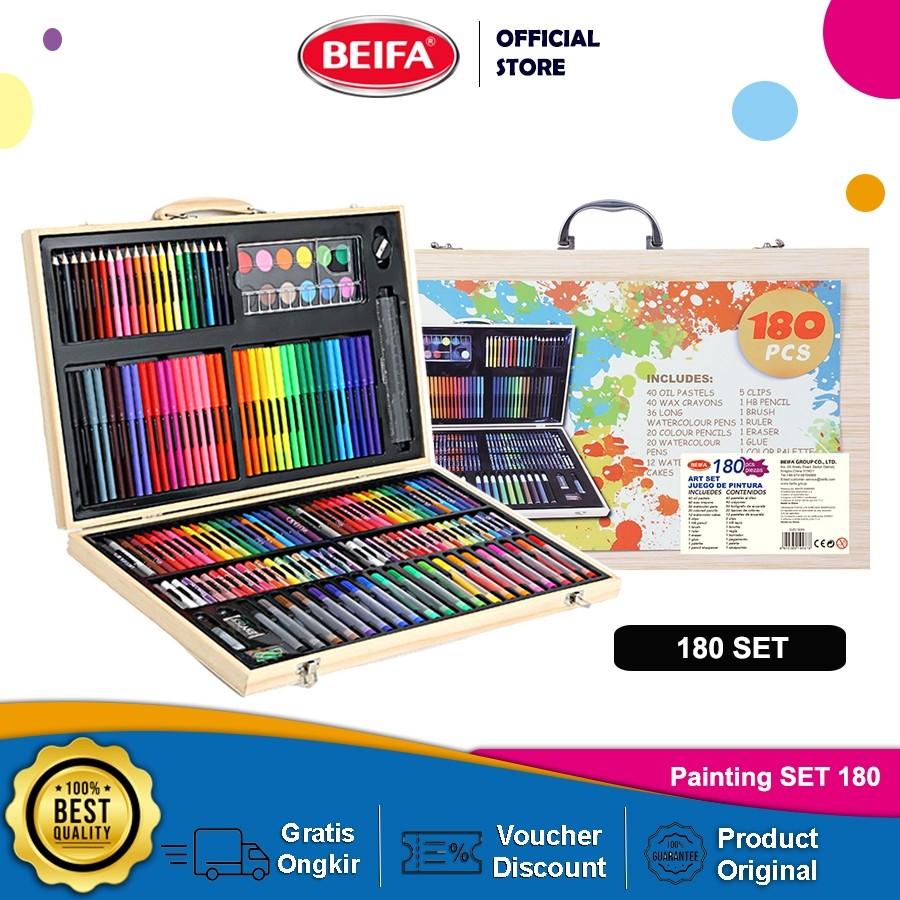

Beifa Peralatan Gambar Warna Lukis / Krayon / Spidol / Pensil Warna / Cat Air Padat / Cake / Blocks / Solid Kotak / Koper Kayu / Inspiration Art Set 180PCS DJ5CO