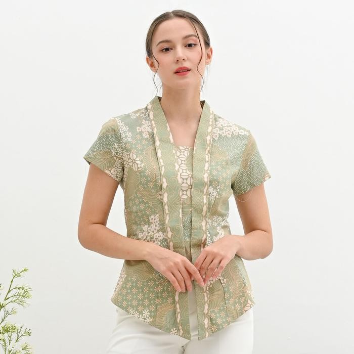 Blouse Batik Wanita Modern / Atasan Batik Kantor / Batik Motif Elegant Warna Hijau Pastel