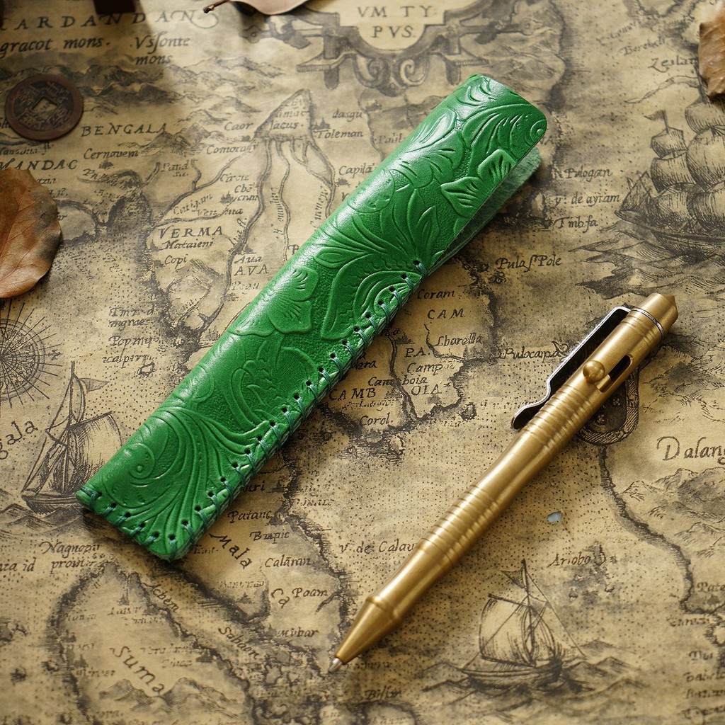 

Genuine Leather Pencil Bag with Flower Embossed Leather Boy's and Girl's School Students Pen Holder Simple Retro Pencil Bag