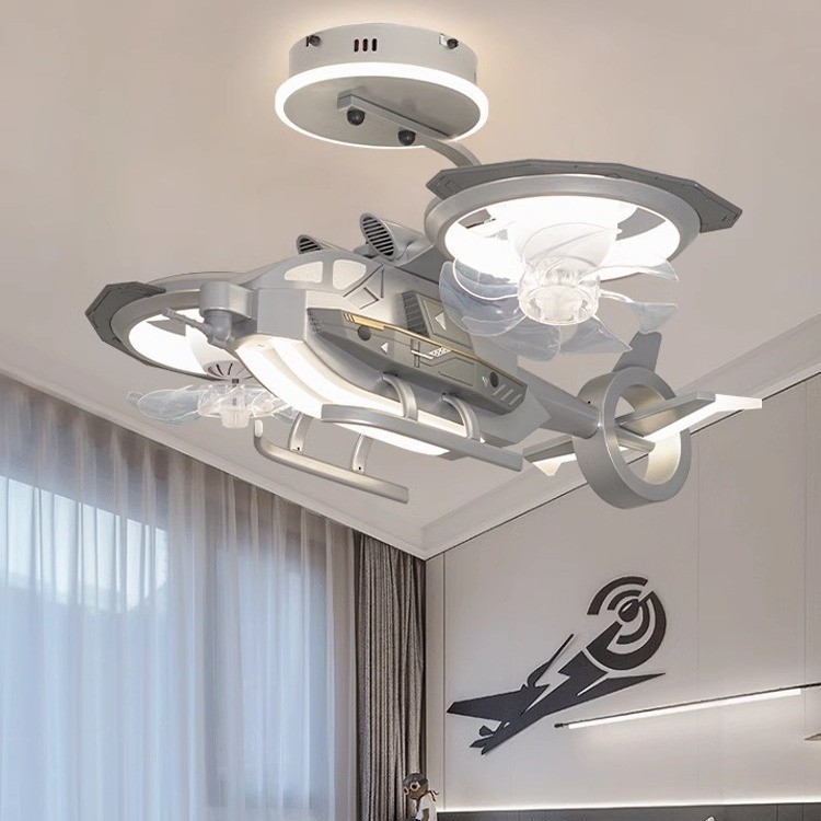 Lampu Kipas Plafon Anak Bentuk Pesawat Tempur Smart Voice Eye Care Remote untuk Kamar Tidur Besar