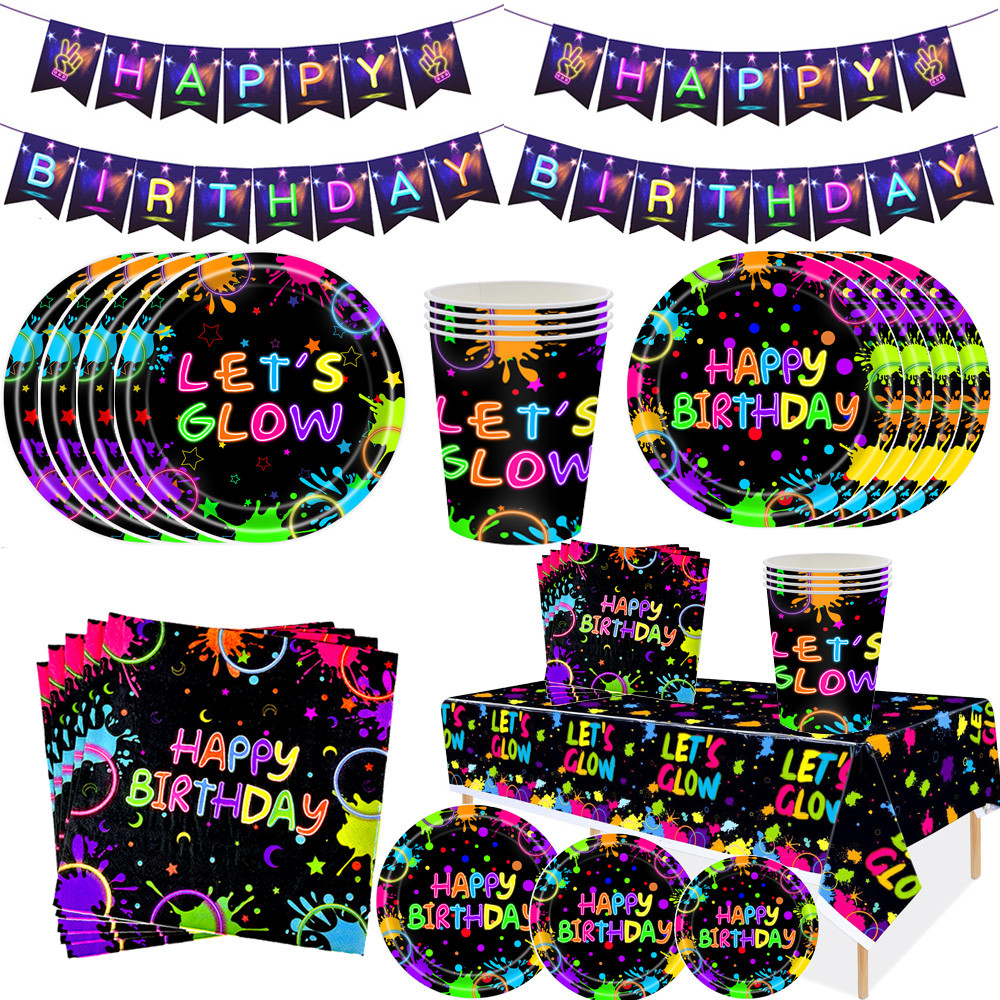 

Neon Glowing Theme Party Disposable Tableware Tablecloth Happy Birthday Party Decoration Kids Boy Girl Paper Plates Cups Napkin