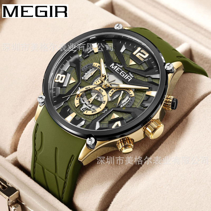 

Jam Tangan Pria Baru Meigel Multi-Fungsi Kronograf Tiga Dial Enam Jarum Tali Silikon