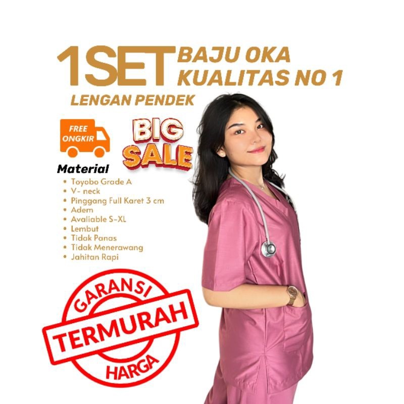 Baju Jaga Scrubs Oka Lengan Pendek Bahan Adem Model Baru untuk Dokter, Perawat, Fisioterapi, Bidan d
