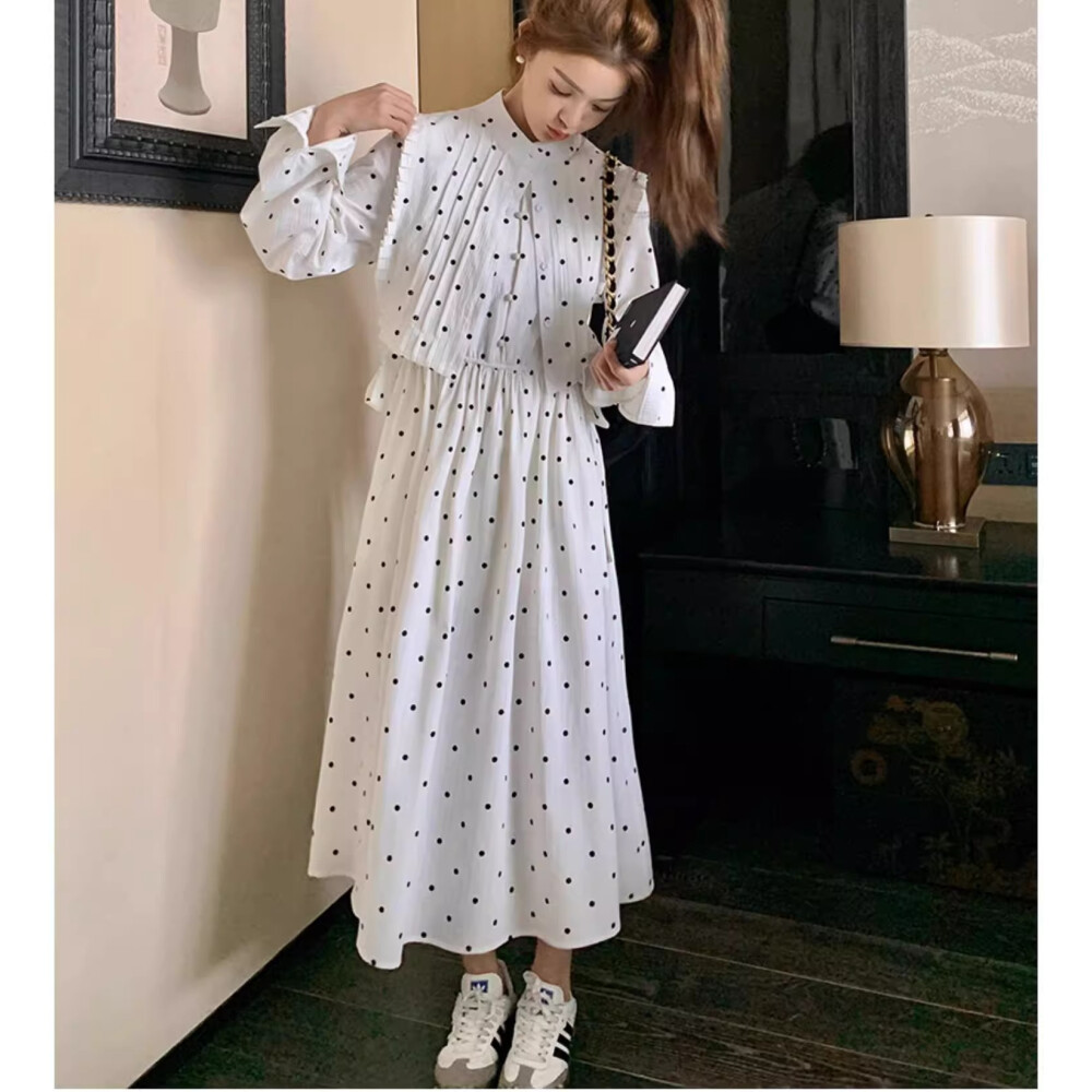 [ready stock] FADFAD Gaun polkadot putih untuk wanita gaya baru lengan panjang ramping rompi