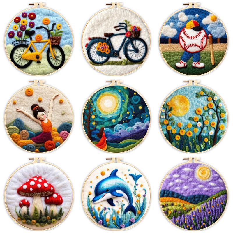 

RUOPOTY Bicycle Pattern Diy Wool Felting Painting Embroidery Frame Diy Needle Felt For Starter Set Felt Painting Kit 20x20cm