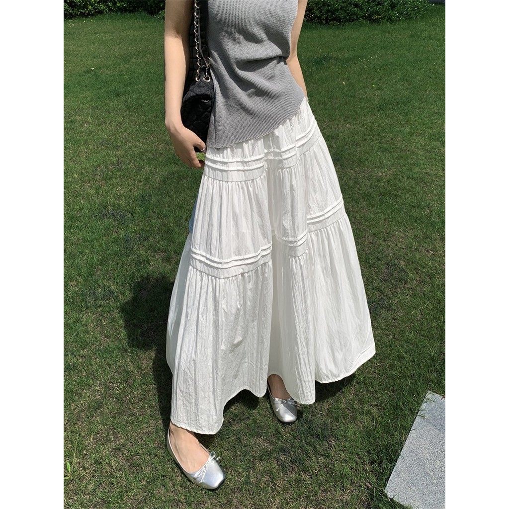 kualitas super qlioo rok a-line putih gaya korea rok panjang pinggang tinggi wanita rok wanita