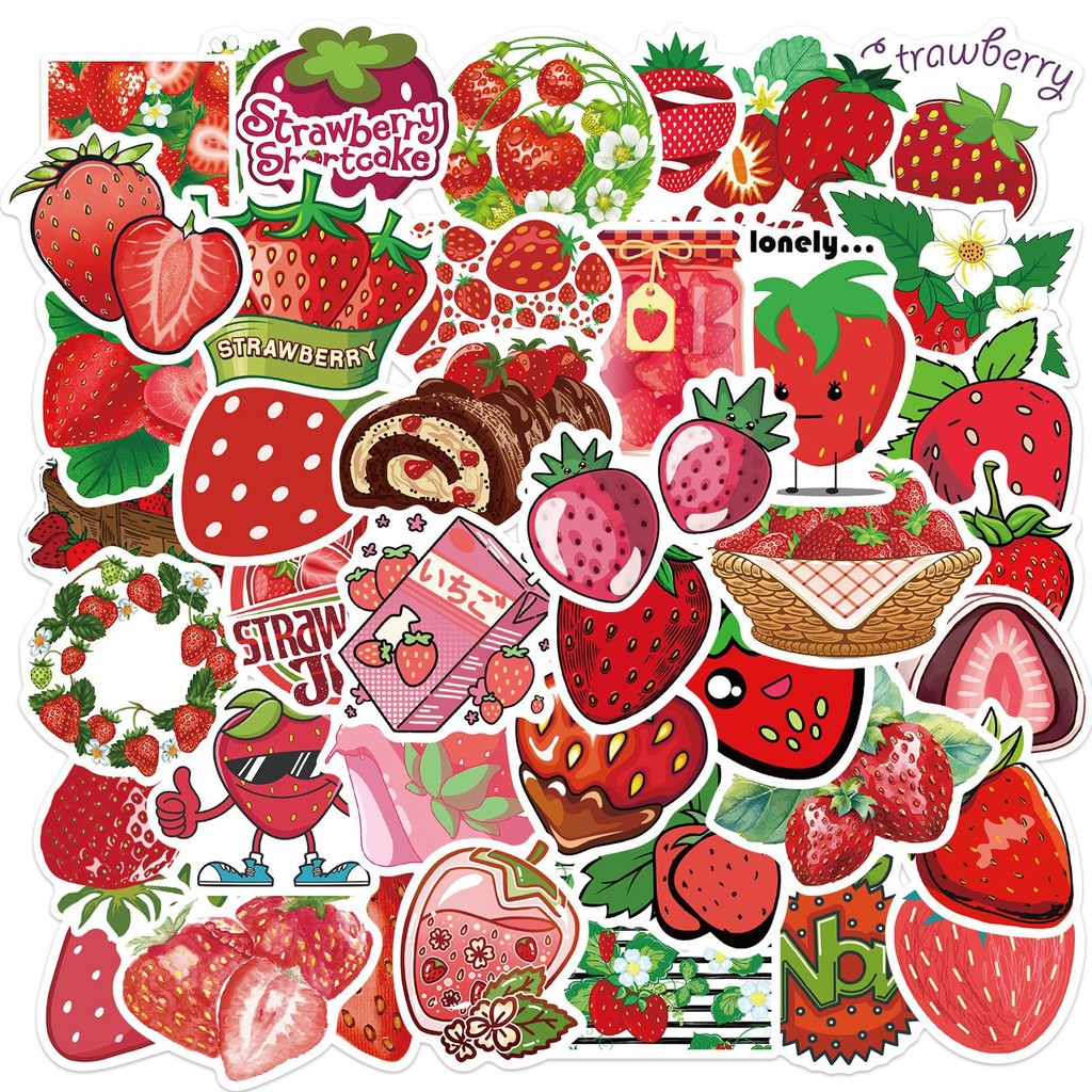 

50Pcs Fresh Fruit Strawberries Sticker Cute Creative Exquisite Patterns for DIY Laptop Scrapbook Decoration Student Art Supplie