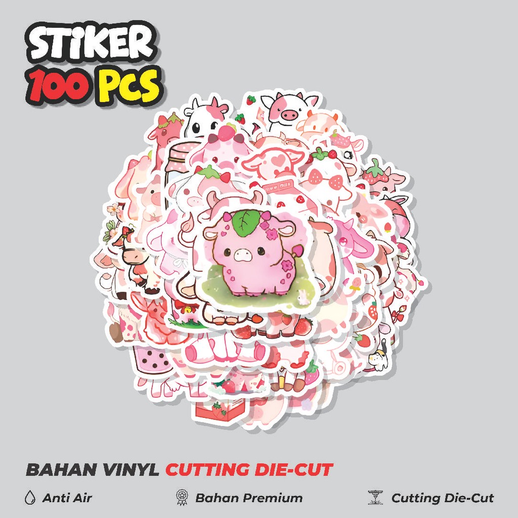 

Terbaru! 50 pcs Stiker Strawberry Cow [Sapi Strawberry] Dekorasi Lucu Kreatif untuk Notebook, Skateboard, HP
