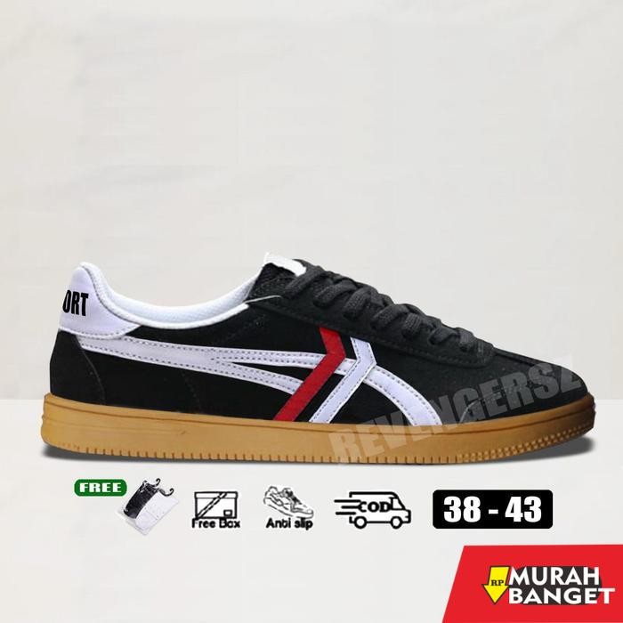 Sepatu Hitam [Free Kaos Kaki] Sepatu Formal Casual Pria Wanita Sneakers Katun Low Black Red Gum Sepa