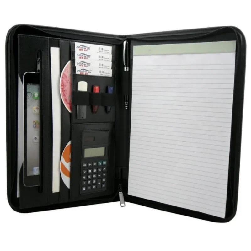 

A4 File Folder PU Leather Business Manager with Calculator Zipper Folder Office School Supplies Multifunctional Folder Padfolio