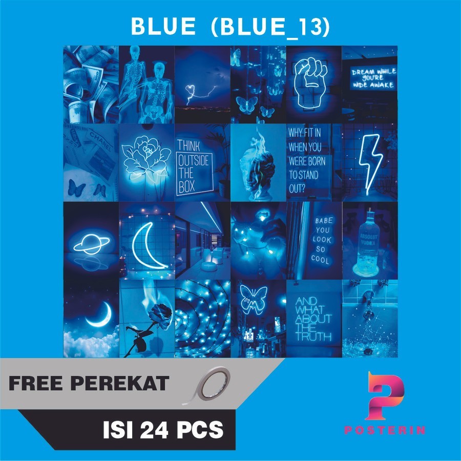 Isi 24 Pcs Poster Dinding Aesthetic Bertema Biru Dekorasi Kamar Cowok Cewek Ukuran A5 Free Perekat